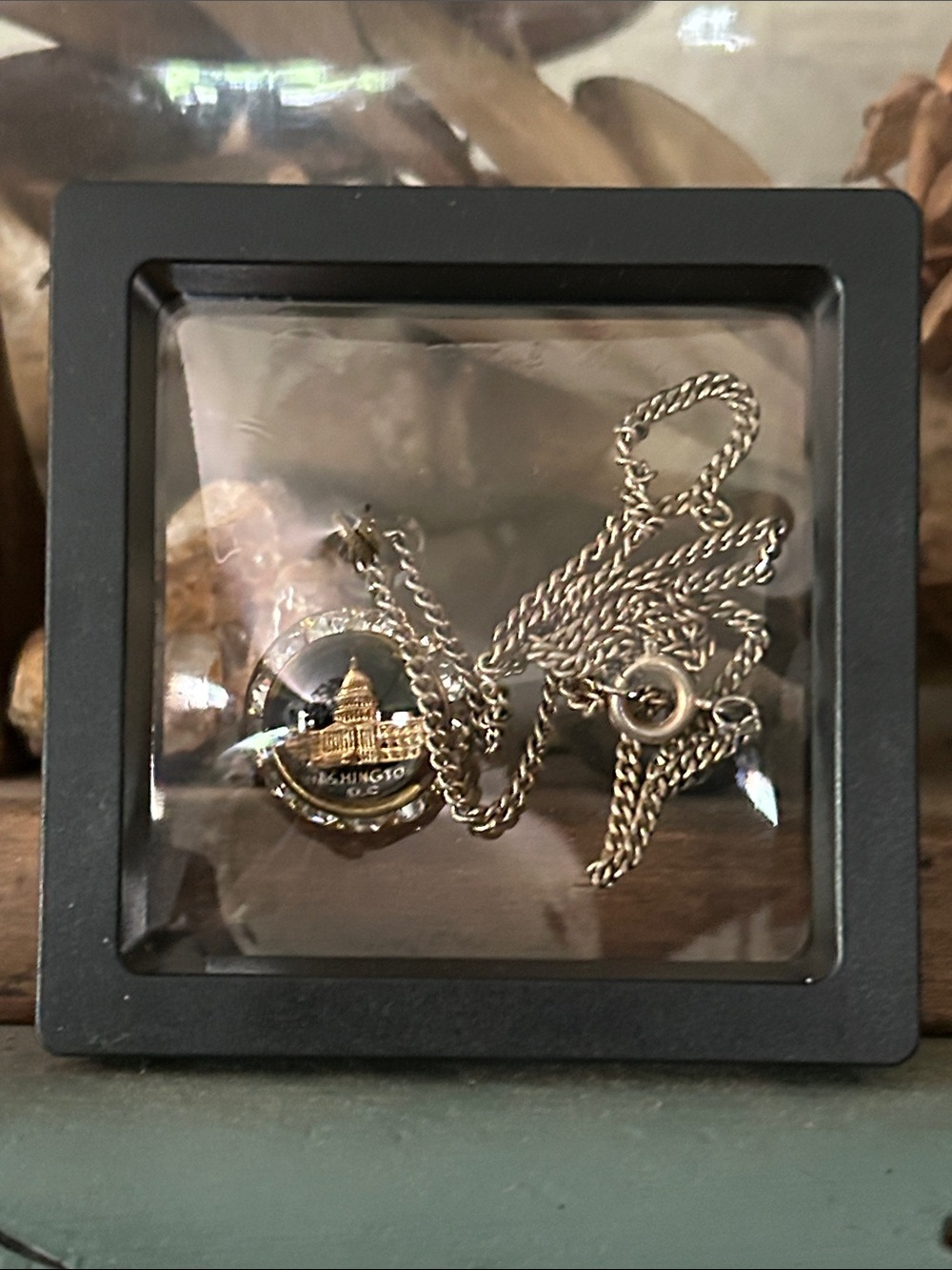 Washington DC pendant wrapped with cubic zirconia and bronze like metal.